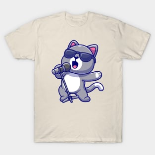 Cute Cat Singing Cartoon T-Shirt